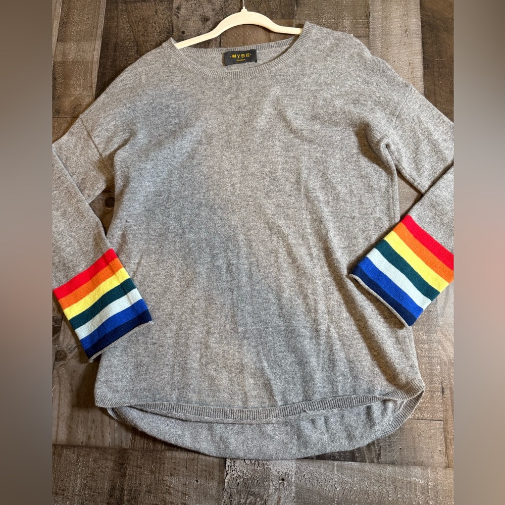 Wyse London 100% Cashmere Sweater Rainbow‎ Cuff Striped Luxe Cozy Preppy Chic 2